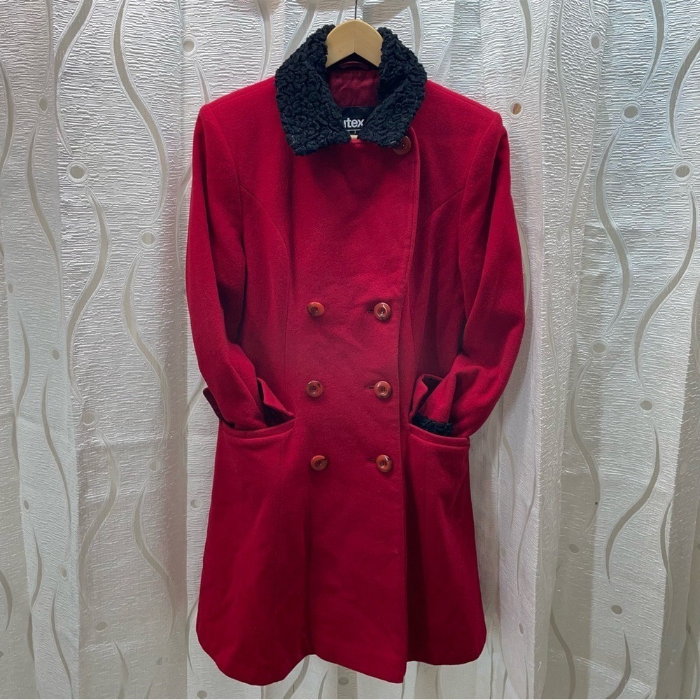 Utex‎ Design Wool Cashmere Blend Red Vintage Pea Coat Faux Fur Collar Womens M/L